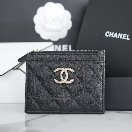 팬더샵 샤넬 지퍼 카드 홀더 그레인드 카프스킨 골드 블랙
