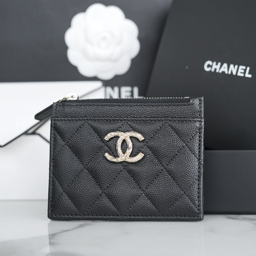 팬더샵 샤넬 지퍼 카드 홀더 그레인드 카프스킨 골드 블랙