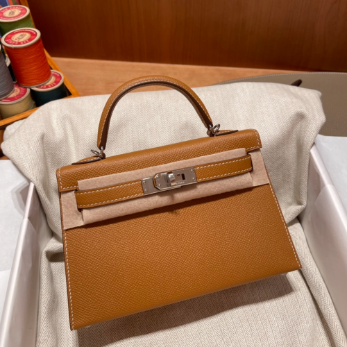 반수공 에르메스 미니 켈리백 골드브라운 은장 엡송