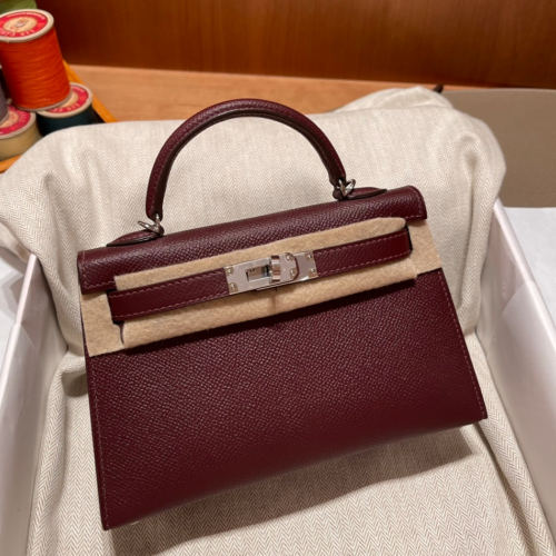 반수공 에르메스 미니 켈리백 버건디 은장 엡송