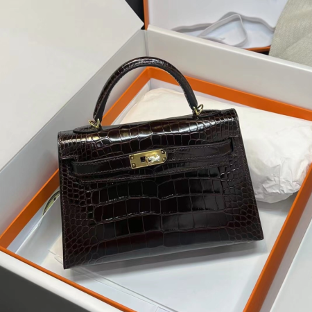 반수공 에르메스 미니 켈리백 브라운 금장 샤이니 악어가죽