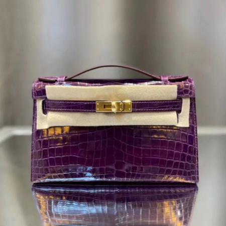 반수공 에르메스 미니 켈리백 퍼플 금장 샤이니 악어가죽