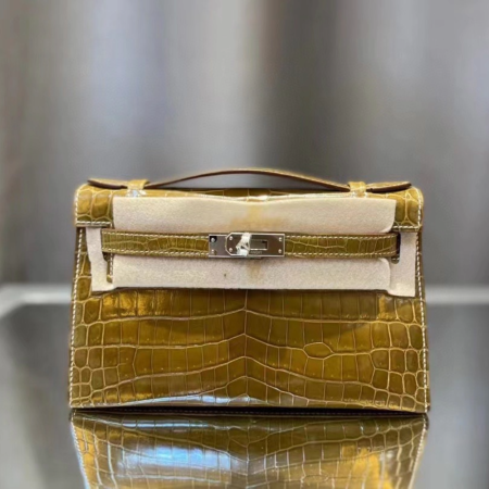 반수공 에르메스 미니 켈리백 옐로우 브라운 은장 샤이니 악어가죽