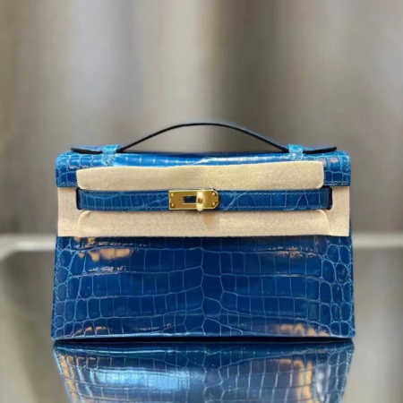 반수공 에르메스 미니 켈리백 블루 금장 샤이니 악어가죽