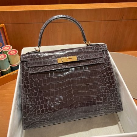 반수공 에르메스 켈리백 32 브라운 금장 샤이니 악어가죽