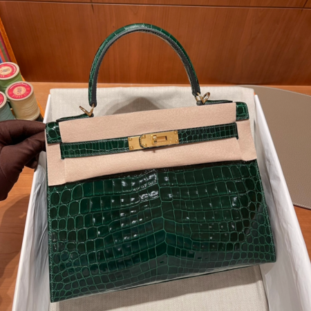 반수공 에르메스 켈리백 28 그린 금장 샤이니 악어가죽