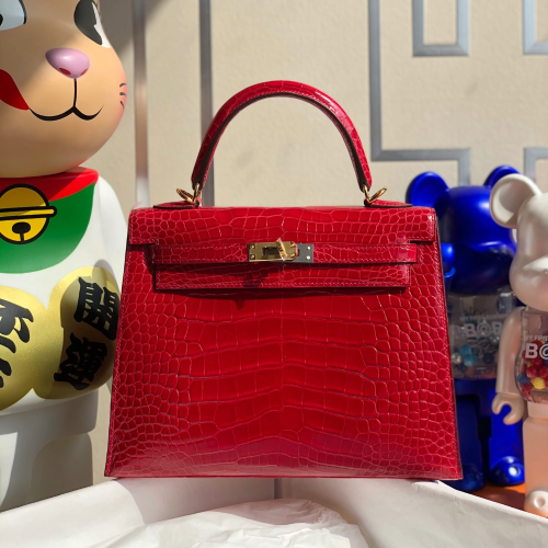 반수공 에르메스 켈리백 25 레드 금장 샤이니 악어가죽