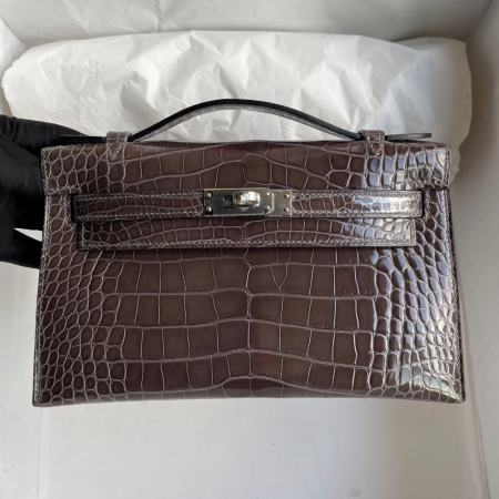 반수공 에르메스 포쉐트 미니 켈리백 22 브라운 은장 악어가죽