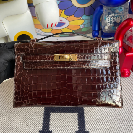 반수공 에르메스 포쉐트 미니 켈리백 22 브라운 금장 샤이니 악어가죽