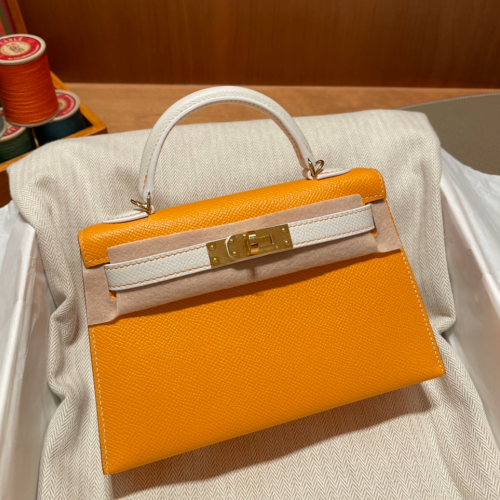 반수공 에르메스 미니 켈리백 옐로우 화이트 금장 엡송