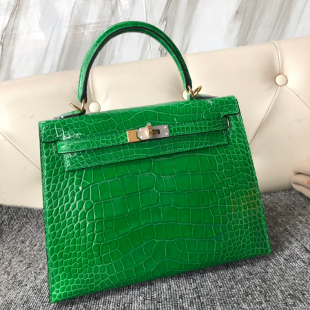 반수공 에르메스 켈리백 25 그린 금장 샤이니 악어가죽