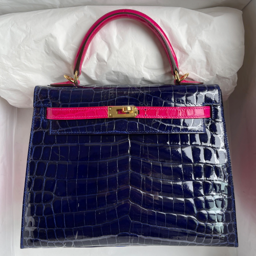 반수공 에르메스 켈리백 25 일렉트릭블루 핑크 금장 샤이니 악어가죽