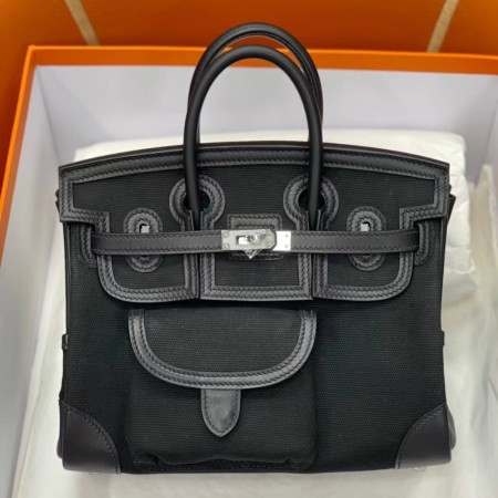 반수공 에르메스 버킨백 25 카고 블랙 은장 캔버스