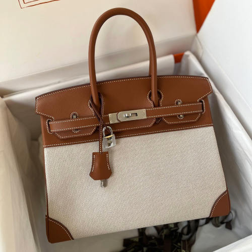 반수공 에르메스 버킨백 30 골드브라운 은장 캔버스 스위프트가죽