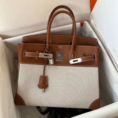 반수공 에르메스 버킨백 30 골드브라운 은장 캔버스 패치워크