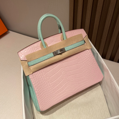 반수공 에르메스 버킨백 25 핑크 민트그린 은장 악어가죽