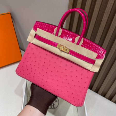 반수공 에르메스 버킨백 25 핑크 금장 타조가죽 샤이니 악어가죽 핸들