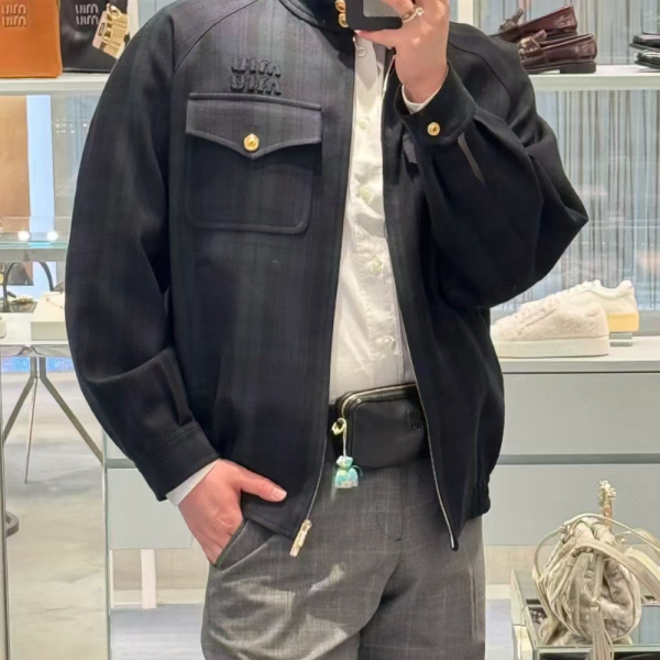 미우미우 체크 블루종 울 자킷 블루