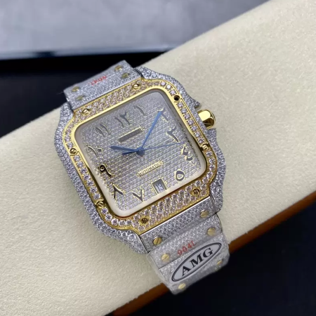 AMG공장 까르띠에 산토스 레인보우 아랍 다이얼 옐로우 골드 콤비 버스트 다운 40mm