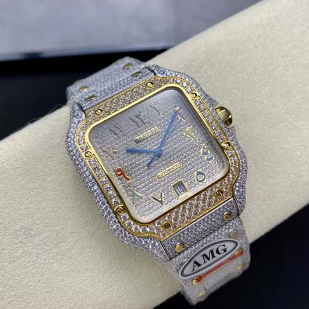 AMG공장 까르띠에 산토스 레인보우 골드 아랍 다이얼 옐로우 골드 콤비 버스트 다운 40mm