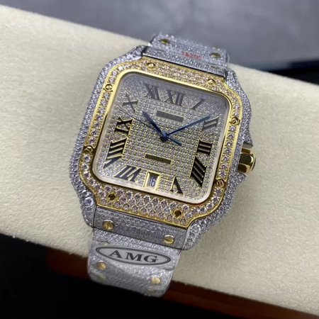 AMG공장 까르띠에 산토스 로만 다이얼 옐로우 골드 콤비 버스트 다운 40mm