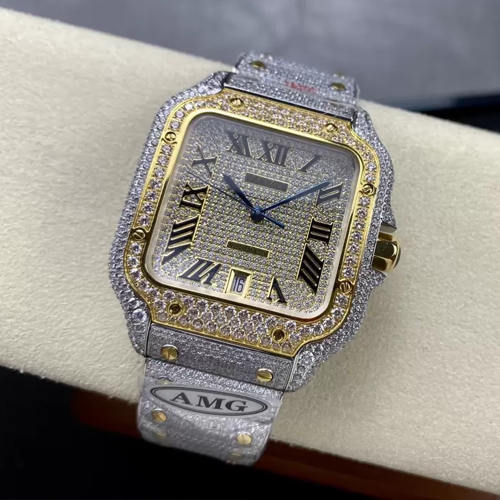 AMG공장 까르띠에 산토스 로만 다이얼 옐로우 골드 콤비 버스트 다운 40mm