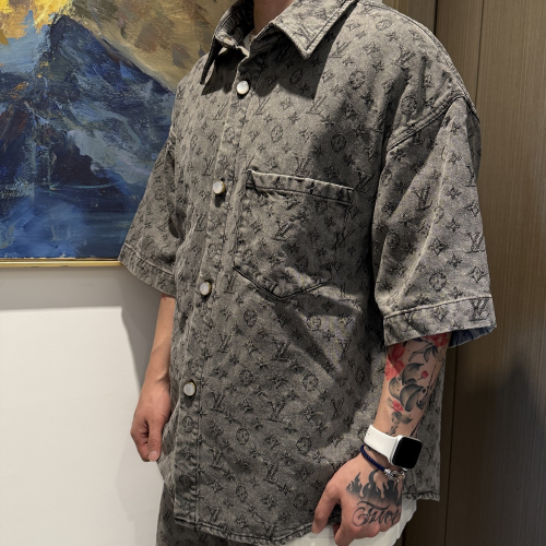 루이비통 플록드 쇼트 슬리브드 코튼 셔츠