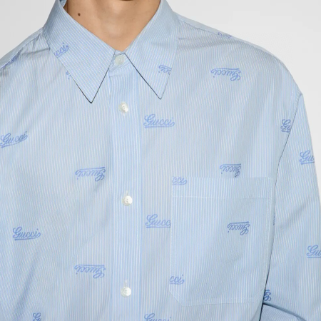 구찌 라이트 블루/화이트 자수 스트라이프 코튼 셔츠