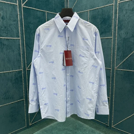 구찌 라이트 블루/화이트 자수 스트라이프 코튼 셔츠