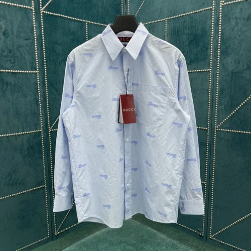 구찌 라이트 블루/화이트 자수 스트라이프 코튼 셔츠